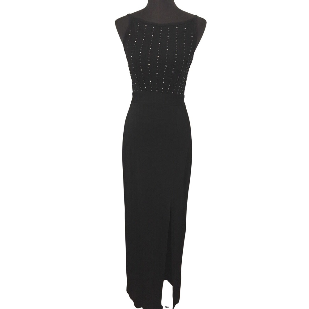 Tootsies Vintage Formal Dress Size L Black Rhinestone‎ High Slit Lace Up Back